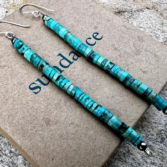 Sundance $148 NEW 4" Turquoise Heishi Sterling Silver Handmade Beaded Earrings - Picture 5 of 12